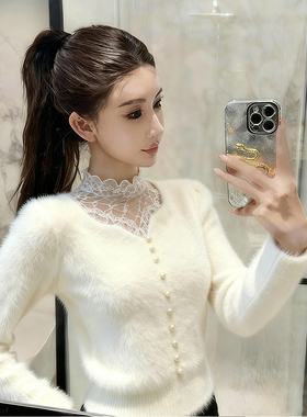 ROUMIKL淑女风白色半高领蕾丝拼接针织衫女款秋冬新款奶呼呼甜美
