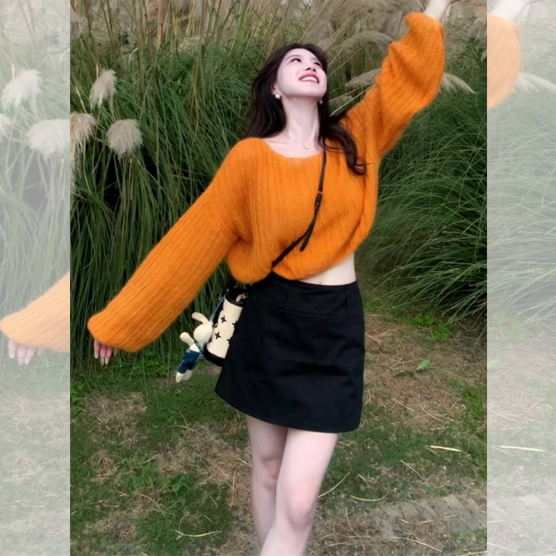 JOYIASS多巴胺风橘黄色短款毛衣女款早秋季新款慵懒风奶fufu软糯