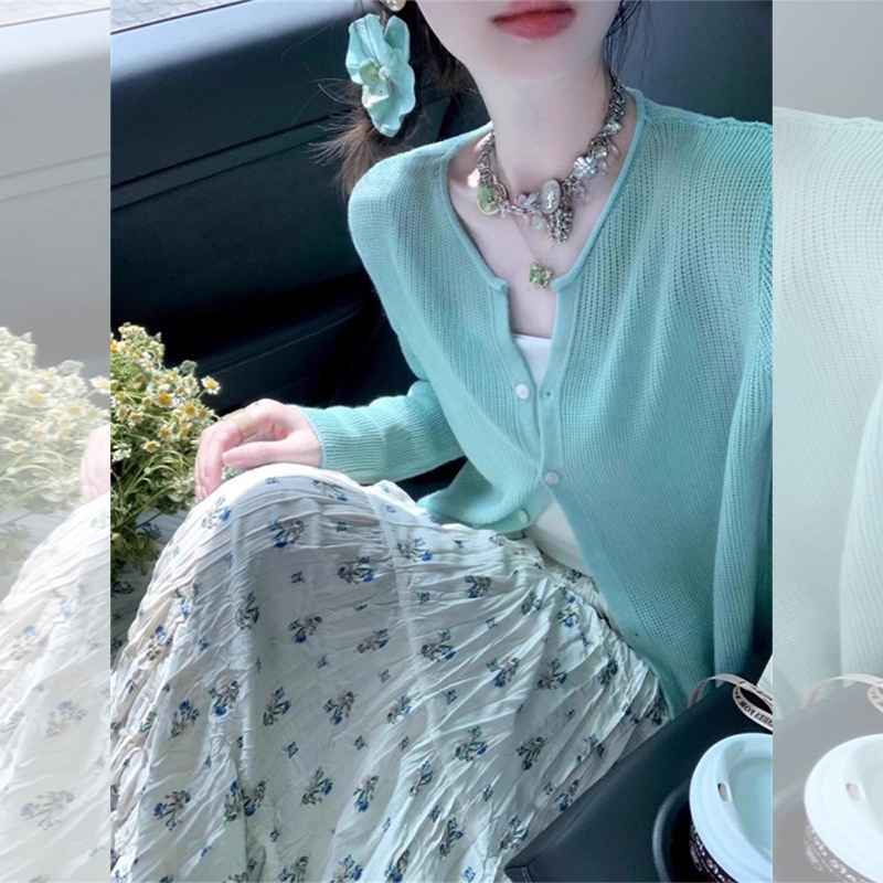 ROUMIKL温柔风薄荷绿单排扣针织开衫女秋季新款今年流行漂亮外搭