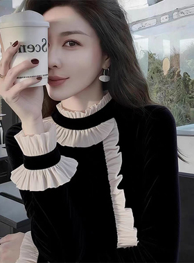 ROUMIKL气质名媛黑色半高领荷叶边丝绒衬衫女秋季2025新款时髦气