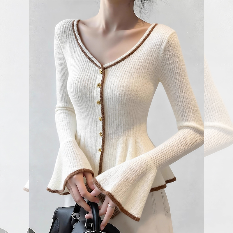 ROUMIKL白色V领喇叭袖针织开衫女秋季2025新款修身显瘦小衫法式小