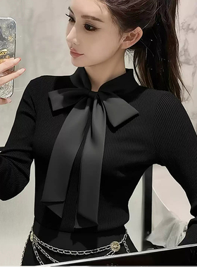 ROUMIKL御姐风黑色蝴蝶结领长袖针织衫女秋季新款气质高端紧身显
