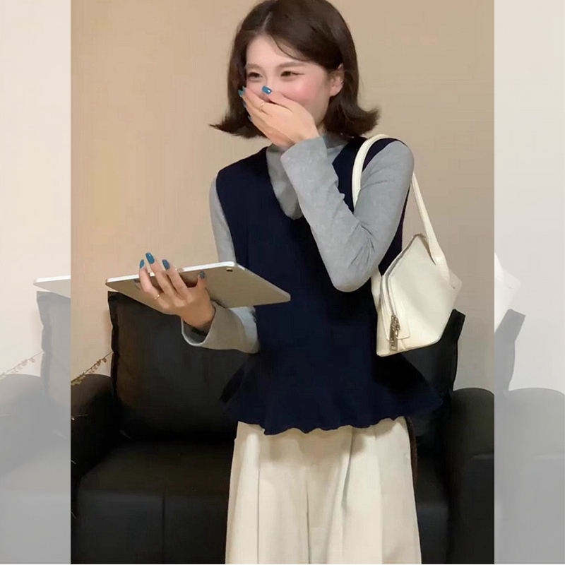 ROUMIKL通勤风藏青色背心针织衫叠穿两件套女新款早秋端庄大气打