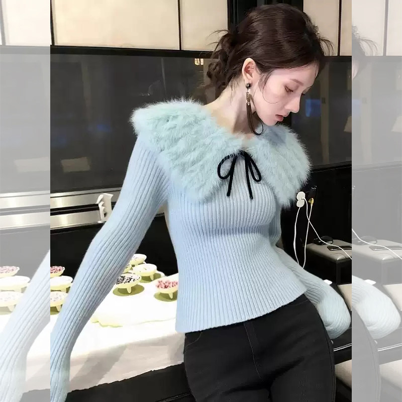 ROUMIKL氛围感蓝色毛领蝴蝶结针织衫女秋冬2025新款紧身内搭小香