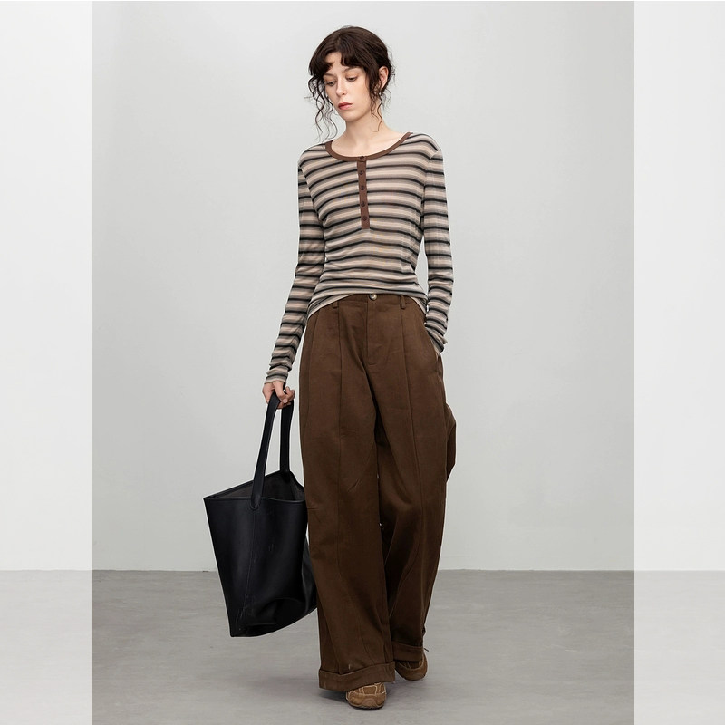 JOYIASS复古风撞色条纹女式T恤长袖女秋季新款舒适透气修身打底衫