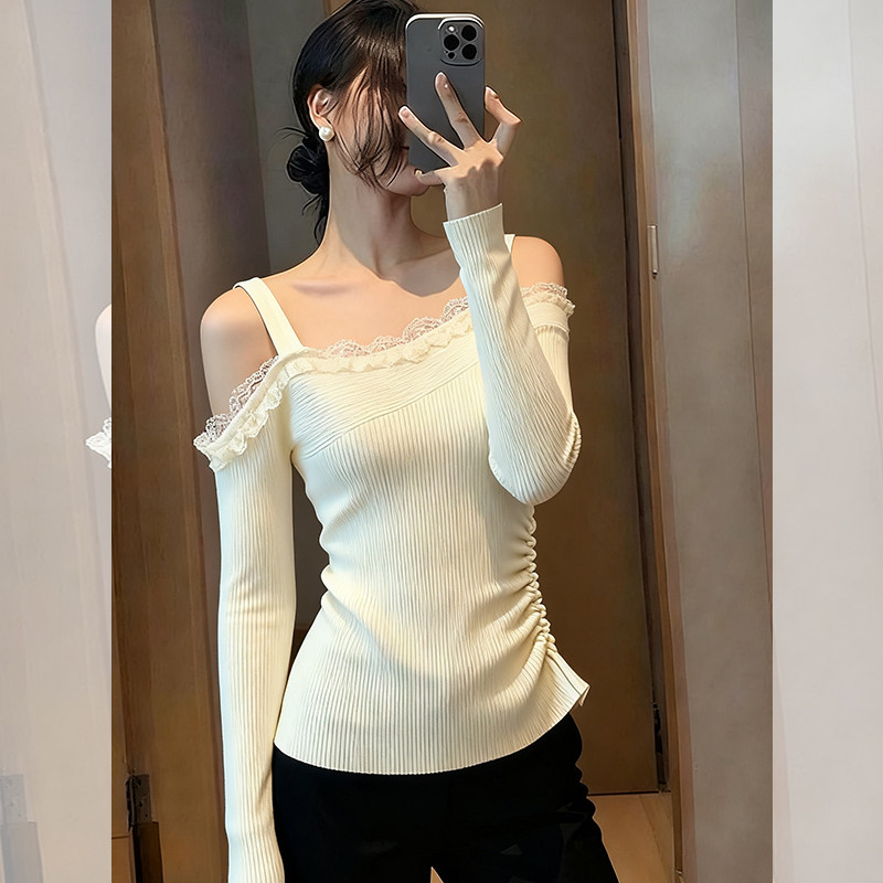 ROUMIKL设计感米白色蕾丝拼接露肩针织衫长袖女秋季新款紧身收腰