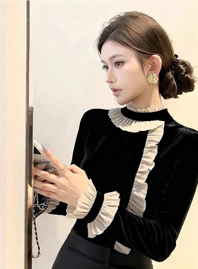 ROUMIKL法式黑色木耳边拼接丝绒衬衫女秋季新款小众不撞款百搭单