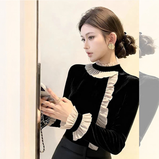 ROUMIKL法式黑色木耳边拼接丝绒衬衫女秋季新款小众不撞款百搭单