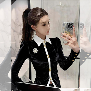 ROUMIKL千金风黑色polo领丝绒拼接衬衫女秋季新款职业通勤显瘦外