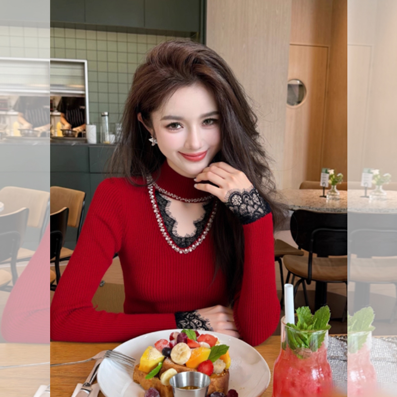 ROUMIKL红色重工钉钻蕾丝拼接镂空针织衫女秋季新款设计感内搭打