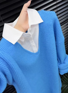 ROUMIKL多巴胺蓝色拼接假两件长袖针织衫女秋冬新款青春时尚减龄