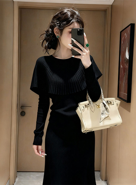 ROUMIKL千金风穿搭黑色斗篷针织套装女秋季2025新款法式时尚百褶