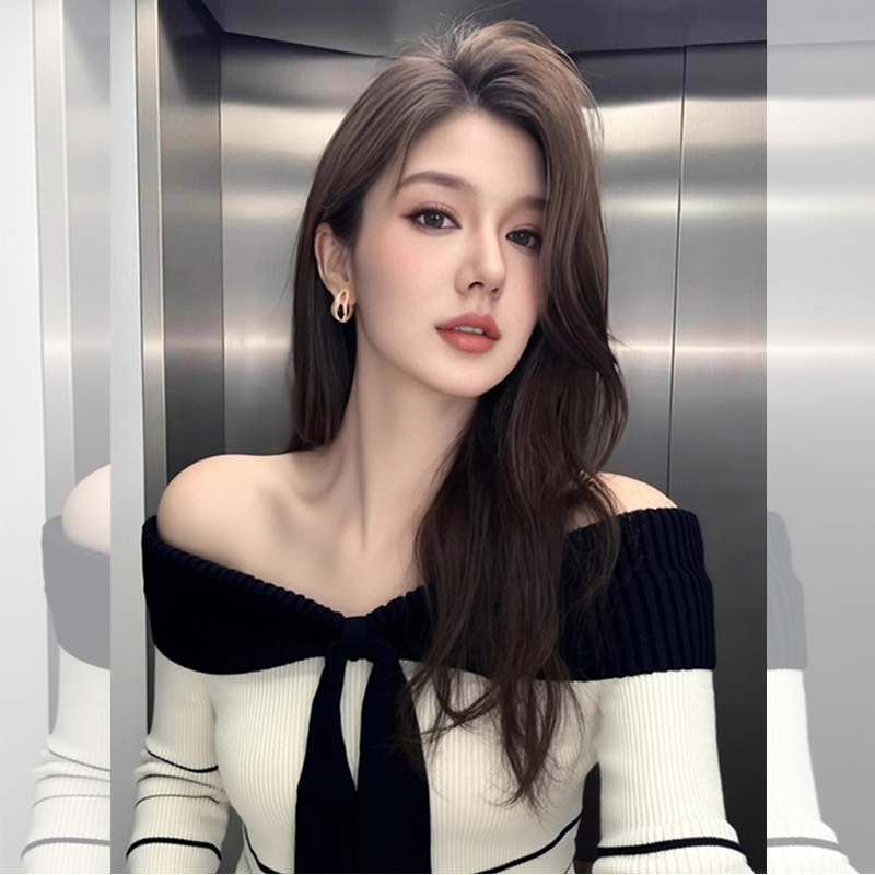 ROUMIKL巨好看撞色一字肩针织衫长袖女新款早秋设计感独特漂亮打