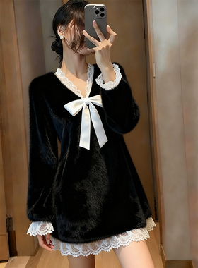 ROUMIKL御姐风黑色V领蕾丝拼接蝴蝶结毛衣女新款秋冬高级感超好看