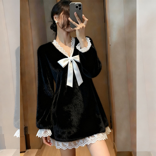 ROUMIKL御姐风黑色V领蕾丝拼接蝴蝶结毛衣女新款秋冬高级感超好看