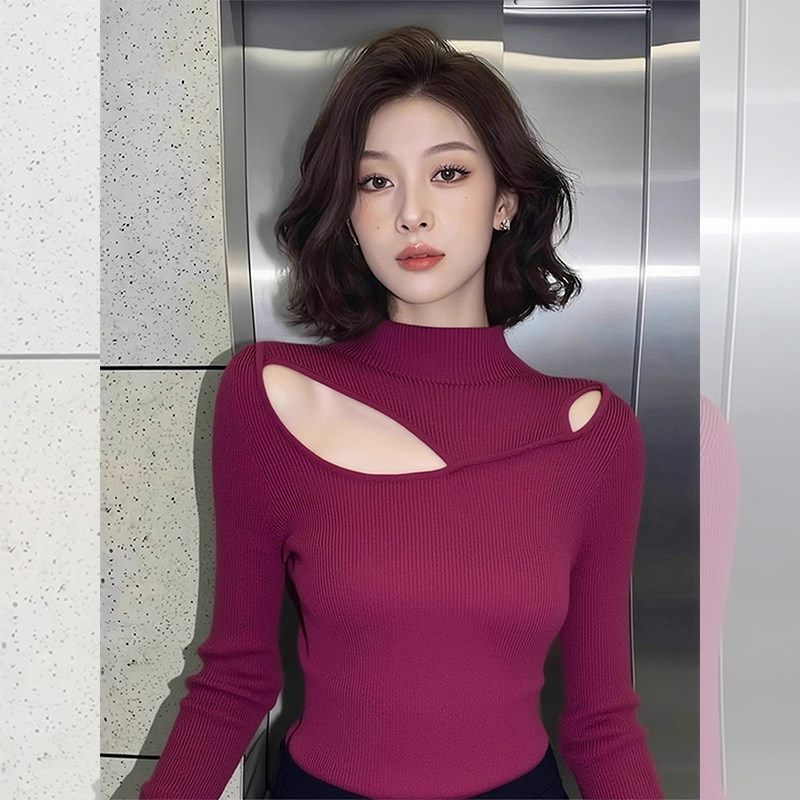 JOYIASS纯欲风玫红色半高领针织衫长袖女秋季新款小众不撞款性感