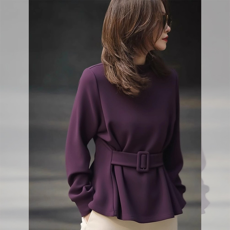 ROUMIKL高端别致紫色腰带收腰长袖衬衫女早秋季新款今年流行独特