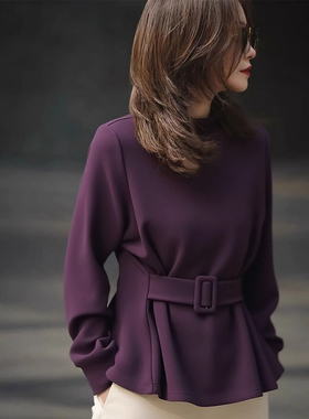 ROUMIKL高端别致紫色腰带收腰长袖衬衫女早秋季新款今年流行独特