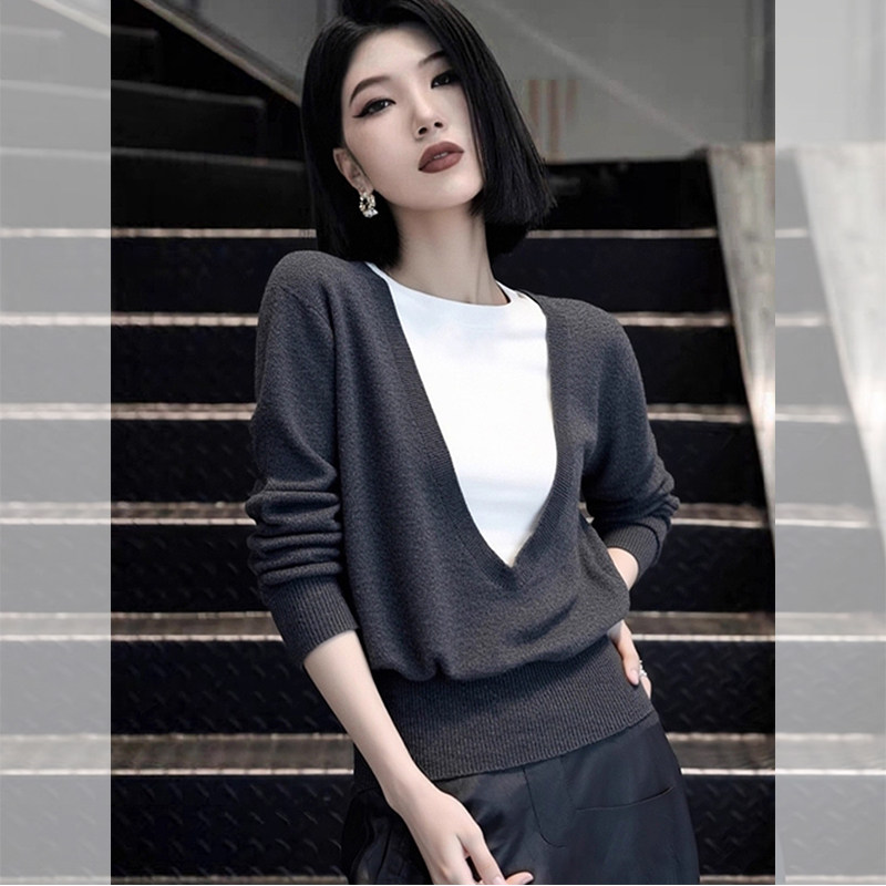 ROUMIKL极简风假两件灰色针织衫女2025年早秋季新款简约舒适薄款