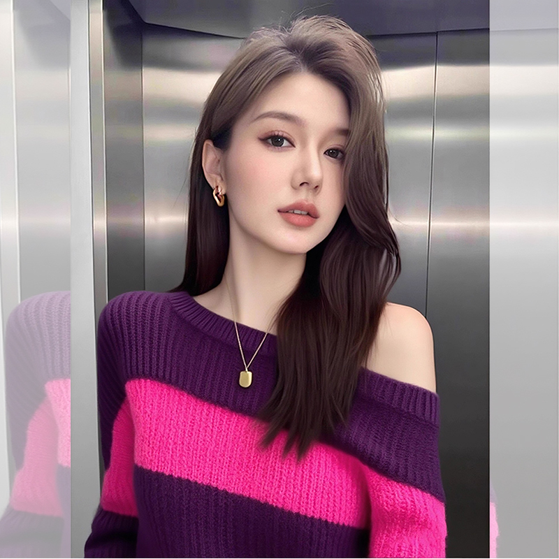 ROUMIKL纯欲风撞色条纹斜肩针织衫长袖女设计感时尚洋气巨好看打