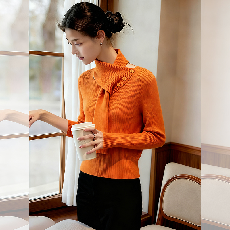 ROUMIKL通勤风橘色围巾领针织衫女秋季新款今年流行奶fufu软糯套