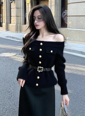 ROUMIKL气质名媛黑色一字肩露肩金属扣毛衣秋冬穿搭腰带收腰显瘦