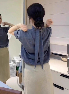 ROUMIKL韩系半高领蓝色飘T恤长袖女早秋季新款松弛感遮肉显瘦单穿