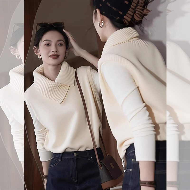 JOYIASS慵懒风白色不规则设计翻领毛衣女款秋冬新款绝美漂亮巨好