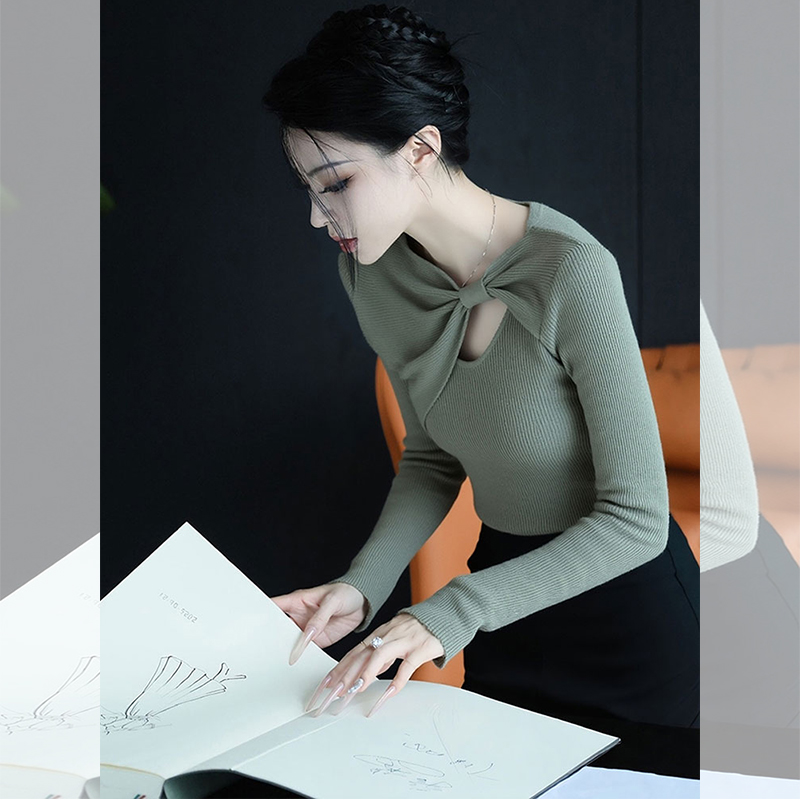 JOYIASS轻熟风灰绿色蝴蝶结扭结针织衫长袖女秋季新款时髦洋气内