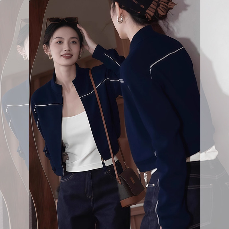 ROUMIKL运动风藏蓝色立领短款外套女秋季新款小个子休闲通勤外搭