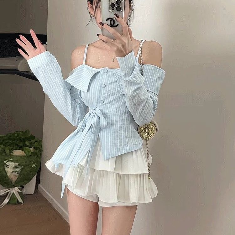 春夏新款韩版纯欲辣妹翻领露肩长袖衬衫修身显瘦双层百褶裙套装女