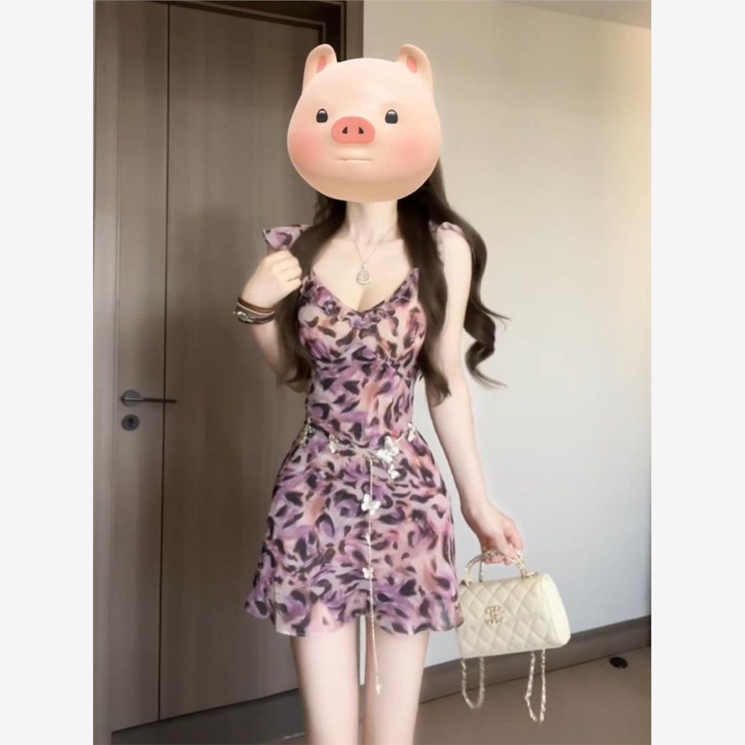 法式复古豹纹吊带紫色连衣裙夏季修身收腰度假裙子辣妹显瘦短裙