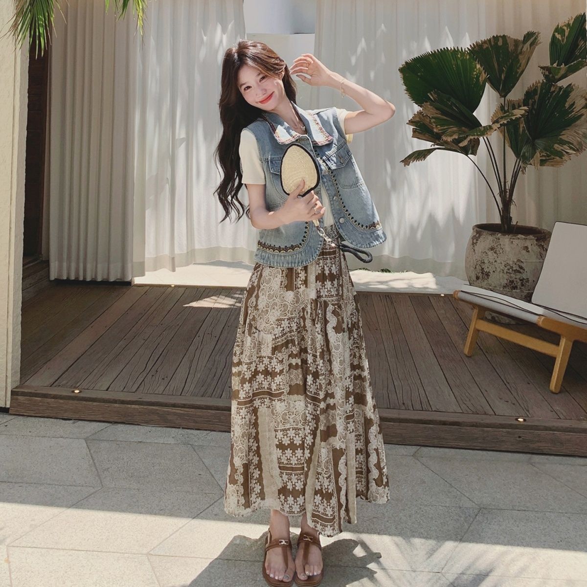 复古民族风印花套装女2025夏季新款时髦刺绣牛仔马甲半身裙两件套