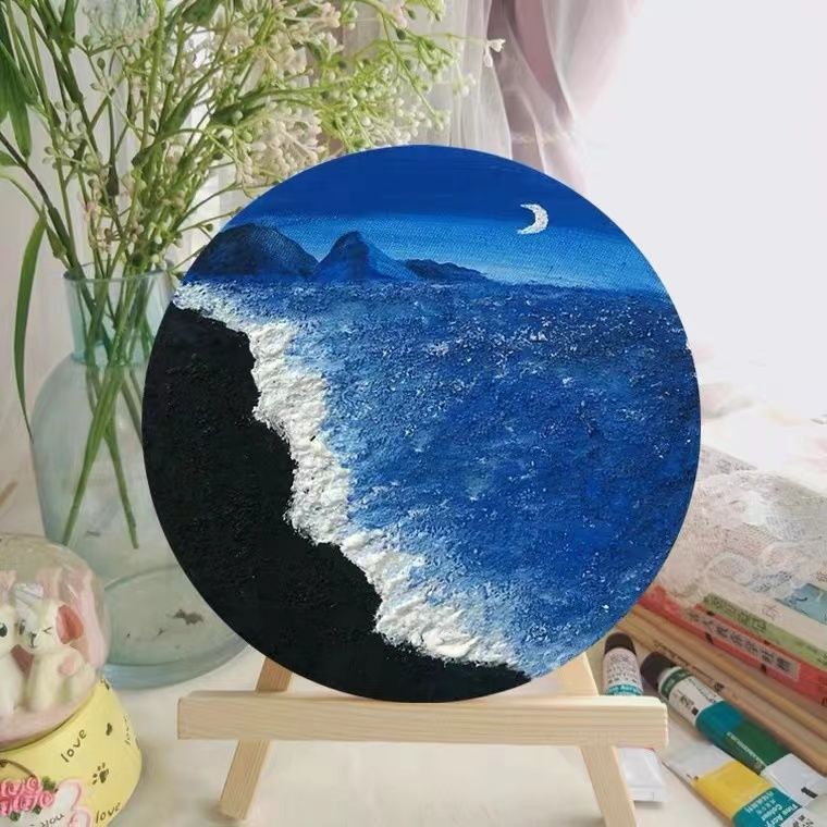 香和圆形3D立体肌理画diy手工材料包丙烯石英砂海滩风景装饰画图片