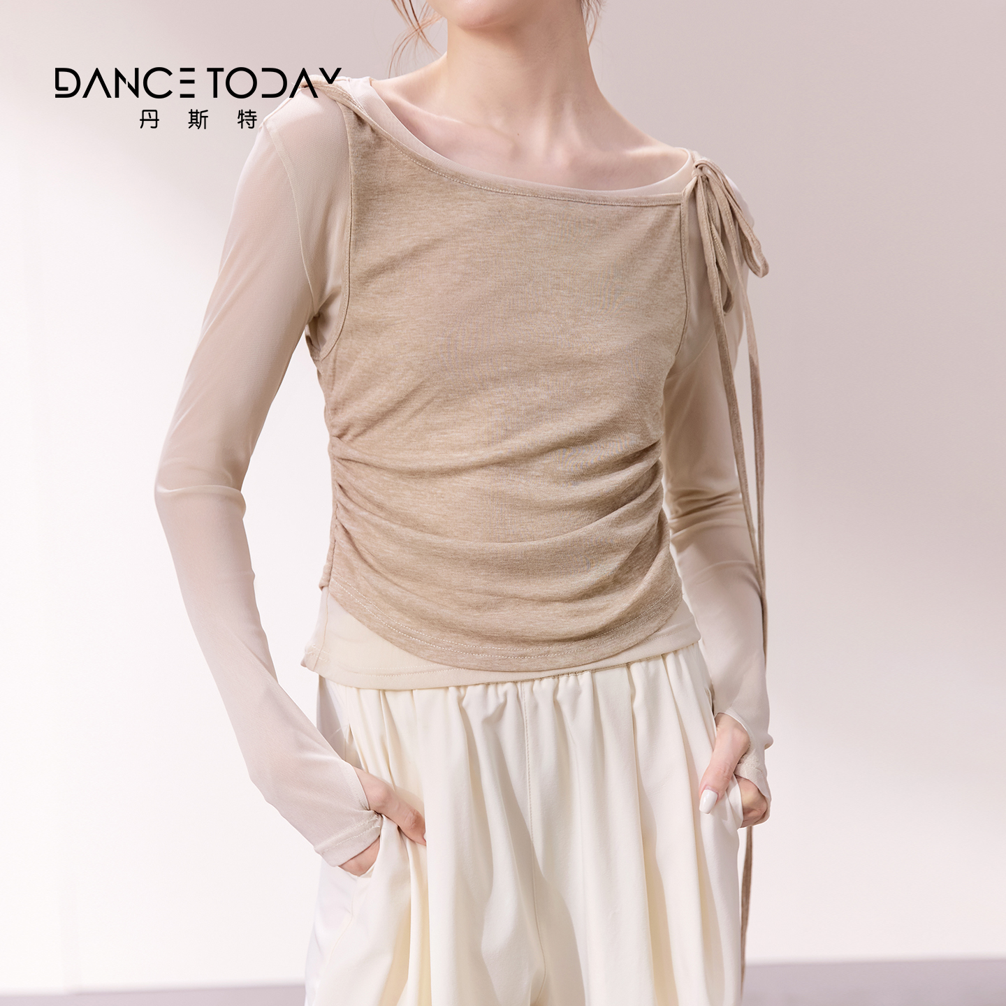 DanceToday现代舞蹈练功服女秋冬飘带假两件长袖上衣古典舞形体服