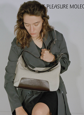 the pleasure molecule帆船包中号新款头层牛皮拼帆布单肩斜挎