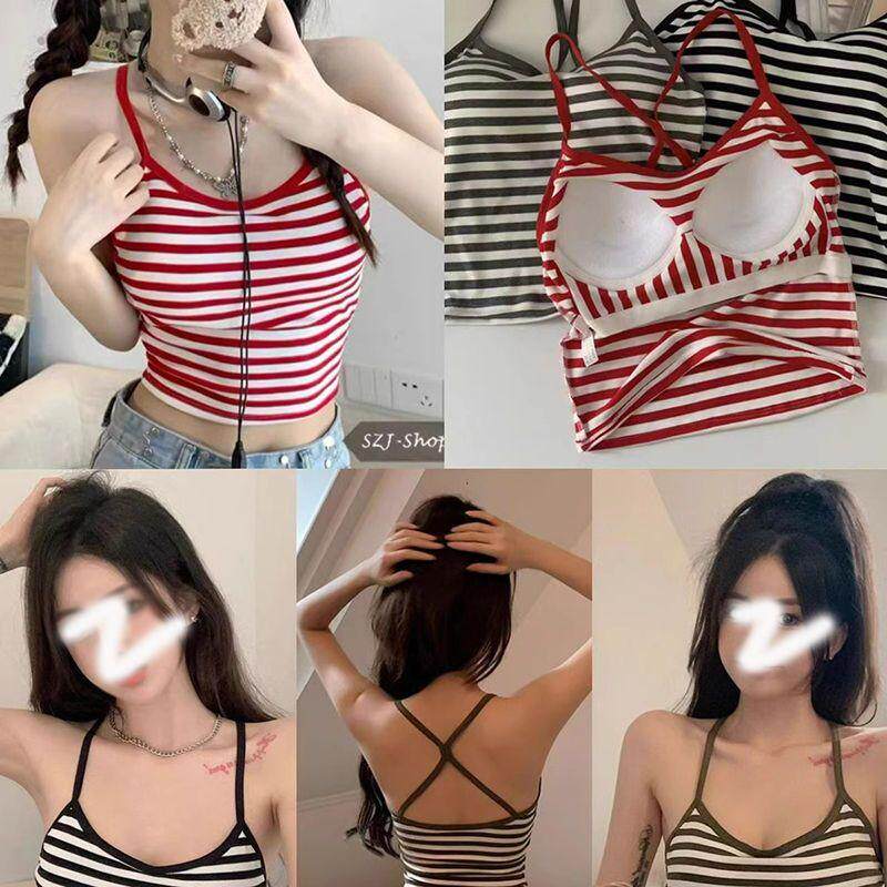 辣妹条纹交叉美背吊带夏修身内搭