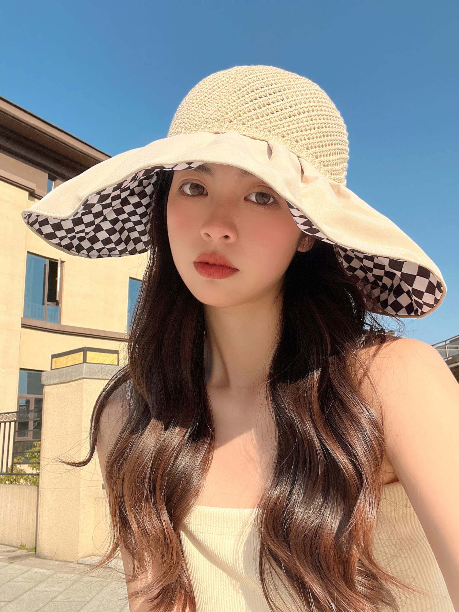 大帽檐空顶遮阳帽女防晒紫外线夏季骑车遮脸棋盘格太阳帽新款休闲