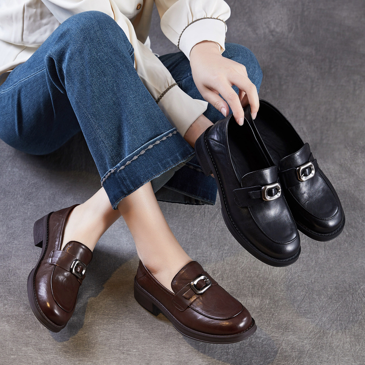 棕色复古圆头小皮鞋女2026春新款英伦风皮带扣真皮百搭乐福单鞋,女鞋,浅口单鞋,淘宝优惠券,粉丝福利购,淘宝优惠卷