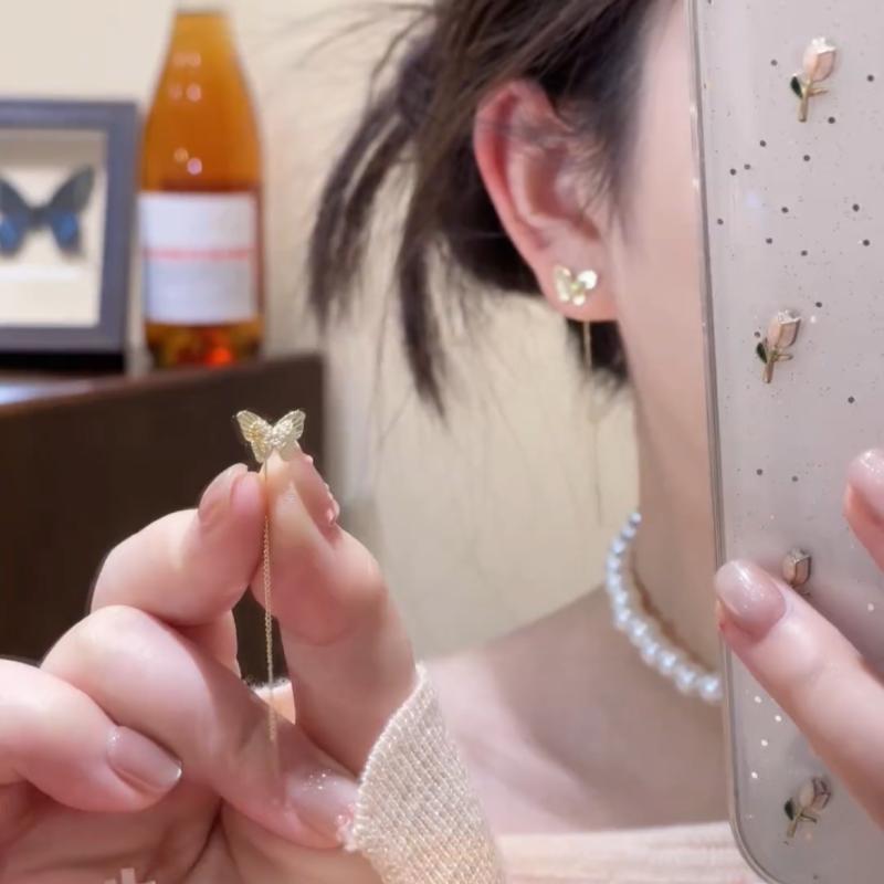 925银针蝴蝶耳线小众设计感
