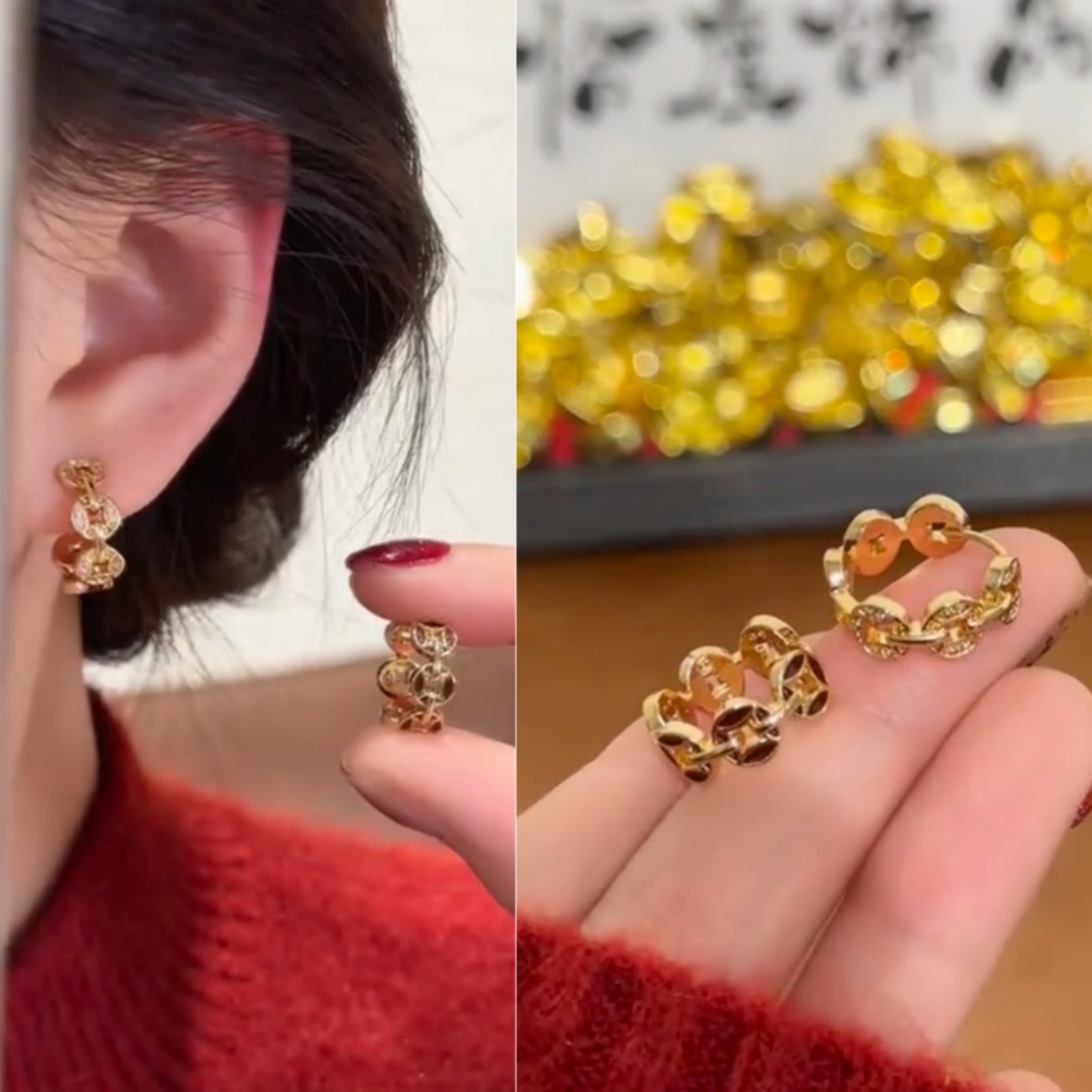 新中式金色碎冰冰五帝铜钱耳扣女新款轻奢时尚精致款百搭耳环耳饰,饰品/流行首饰/时尚饰品新,耳环,淘宝优惠券,粉丝福利购,淘宝优惠卷