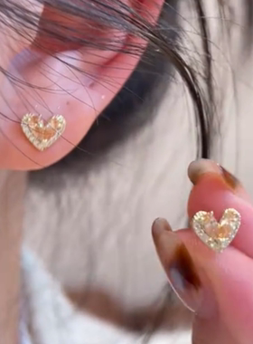 精致小巧橙色爱心耳钉女小众设计感法式优雅镶钻耳环高级感耳饰