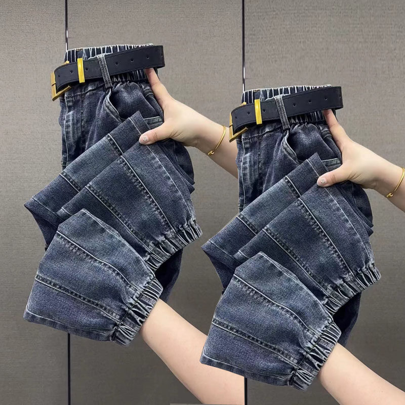 秋季牛仔裤女新款束脚宽松哈伦裤高腰百搭灯笼裤拼接显瘦胖mm穿搭