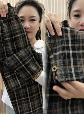 小个子秋冬季加厚老爹裤女显瘦百搭萝卜裤宽松88cm毛呢格子九分裤