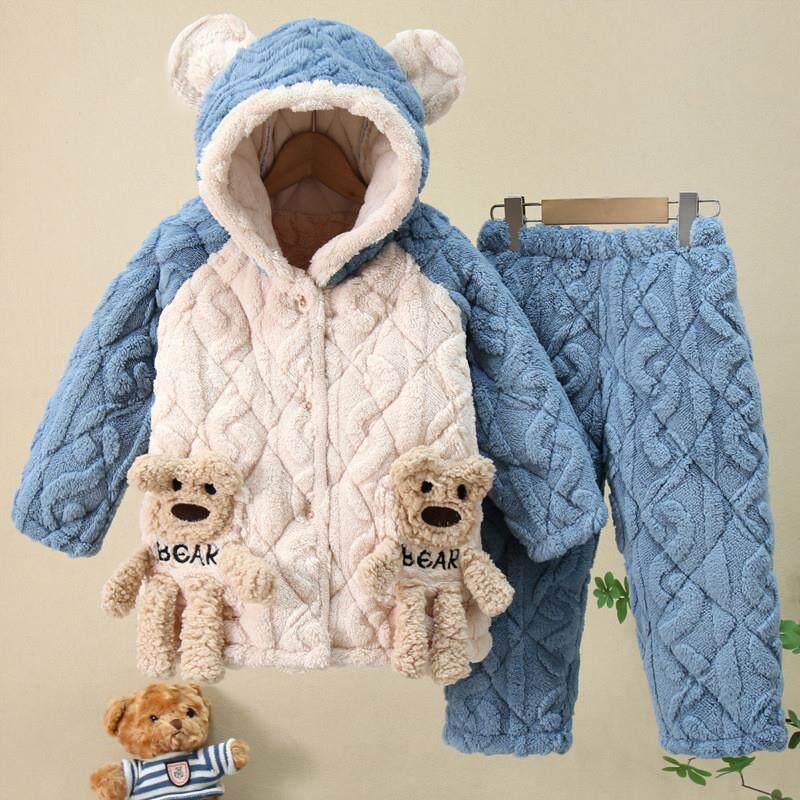 湖北省服儿童睡衣中大童宝宝三层夹棉男女童加绒加厚中长款家厂家