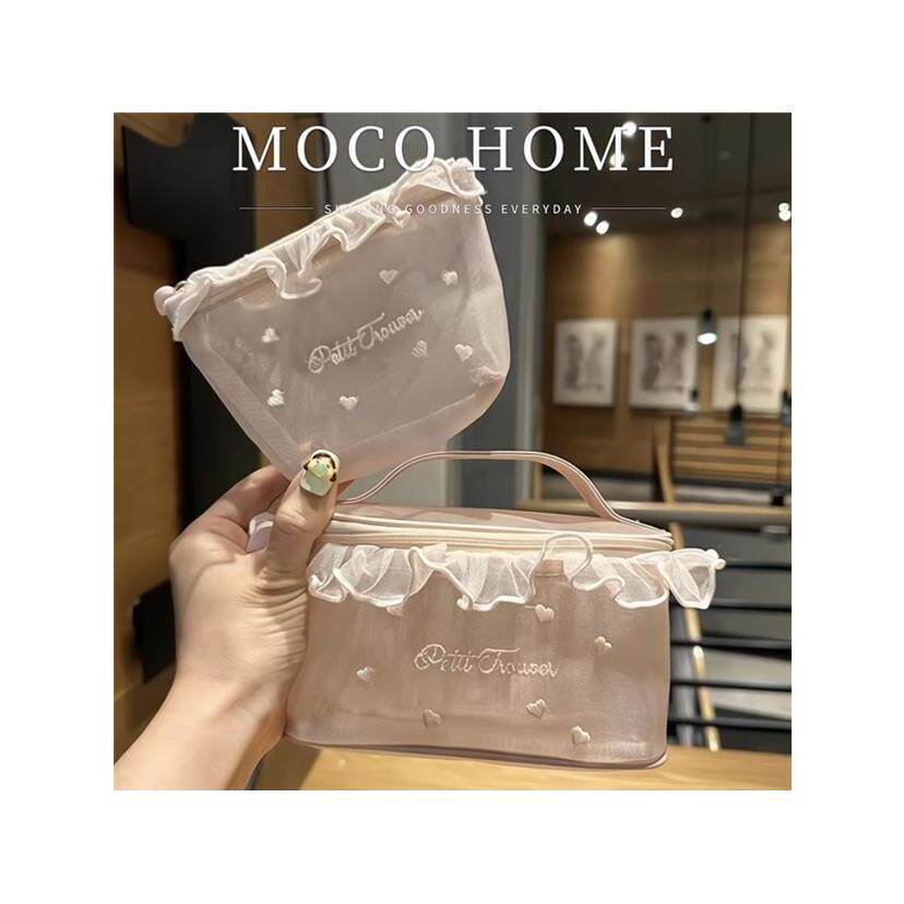 蕾丝边网纱透明化妆包可爱卡通PVC旅行便携洗漱包口红粉饼补妆包