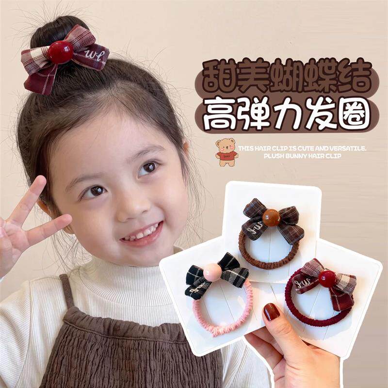 韩系秋冬儿童发圈女童格纹蝴蝶结发绳小女孩甜美全包不伤发厂家