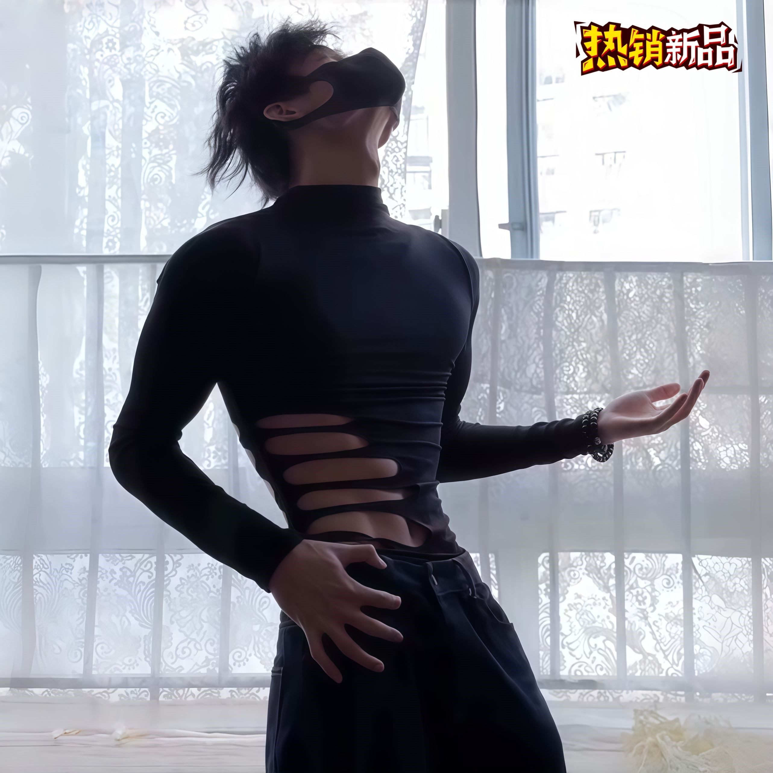 男士镂空紧身衣黑色性感个性打底衫修身显瘦高领上衣长袖内搭T恤