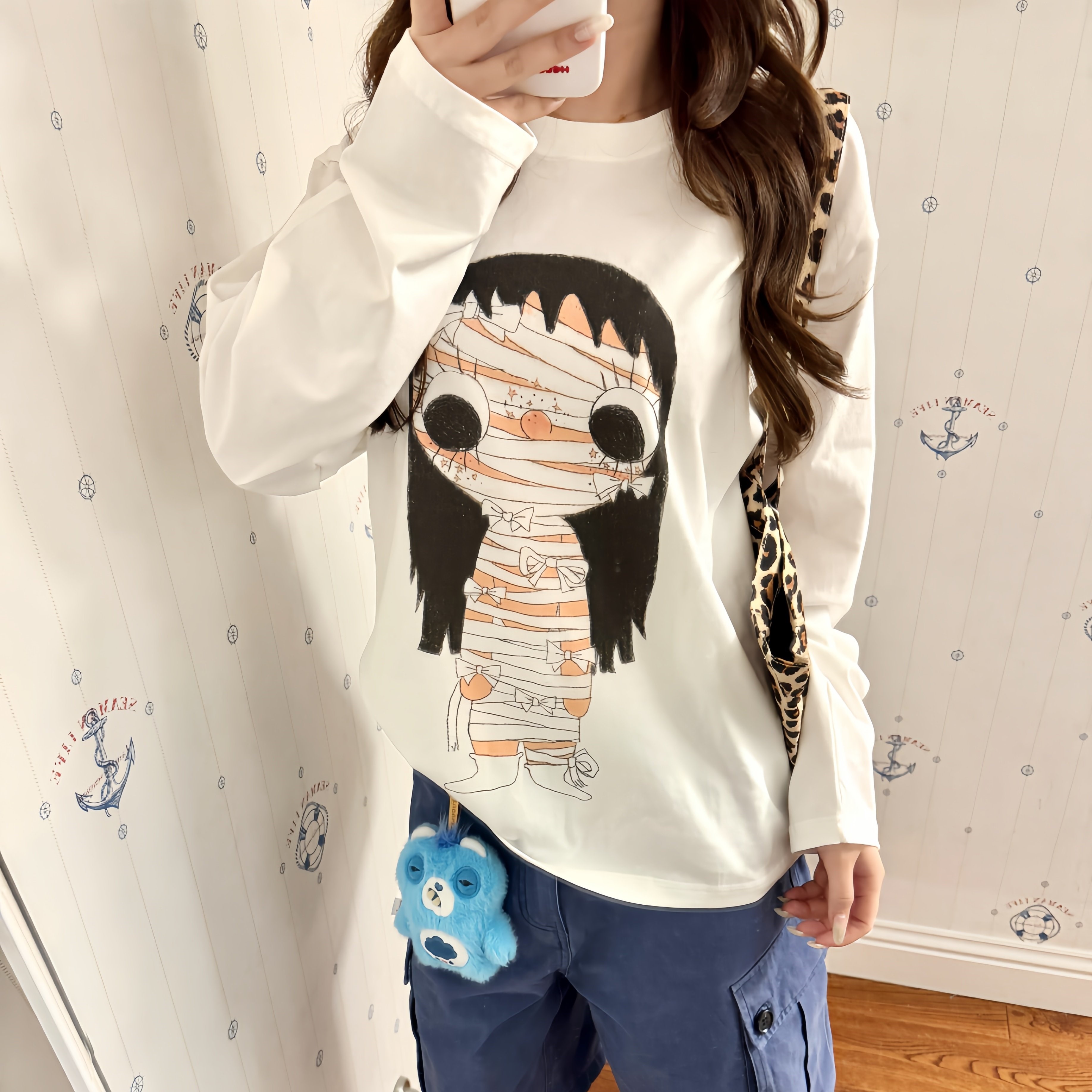 木乃伊小玉印花长袖T恤韩版宽松纯棉圆领休闲慵懒风上衣小众设计