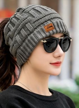 毛线帽女款2025新款洋气独特漂流发带冬季女士跑步专用帽子扎马尾